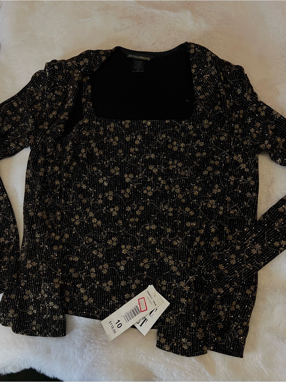 Black Long-Sleeve Square-Neck Top with Gold Floral Accents